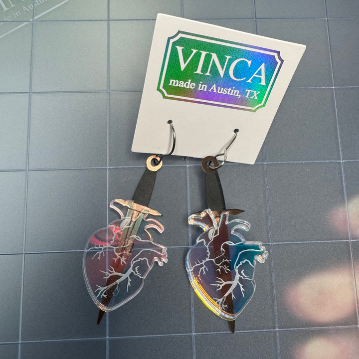 Sample Iridescent Anatomical Heart with Dagger Hook Earrings (bin A-06-07)