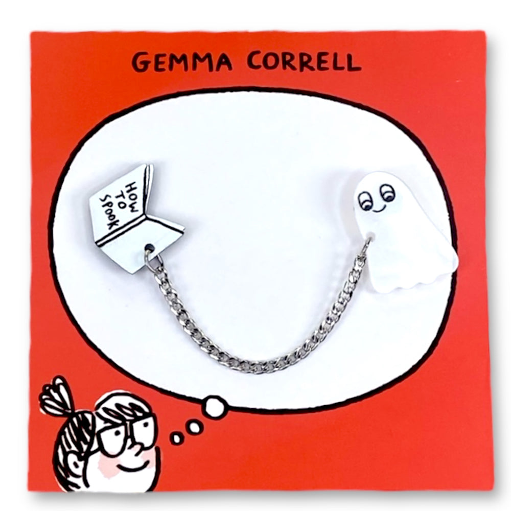 Officially licensed Gemma Correll collar clips with ghost and book charms on a branded red card.