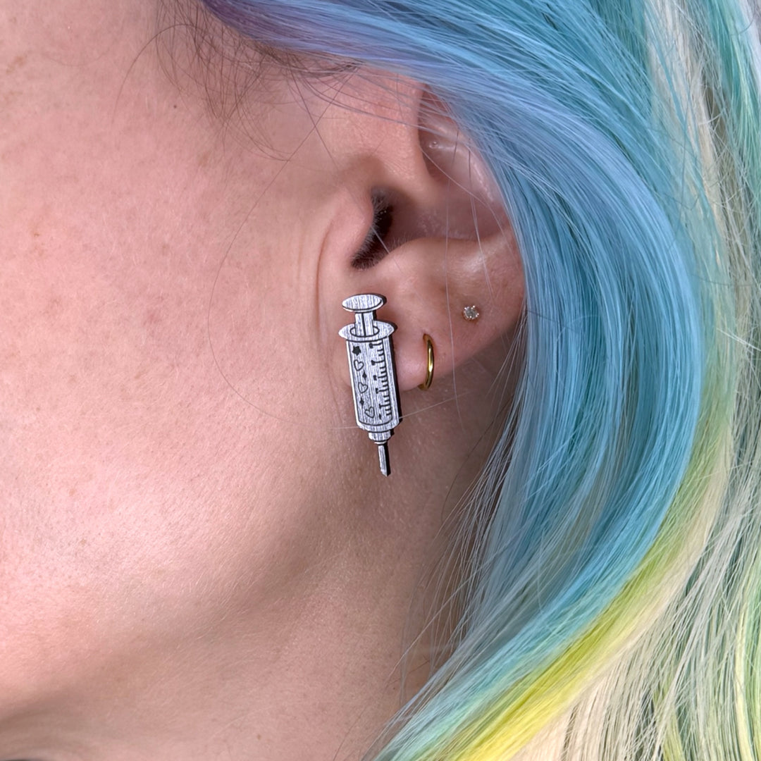 Shot to the heart Tiny Syringe Earrings - perfect for medical industry gift like nurses or vets