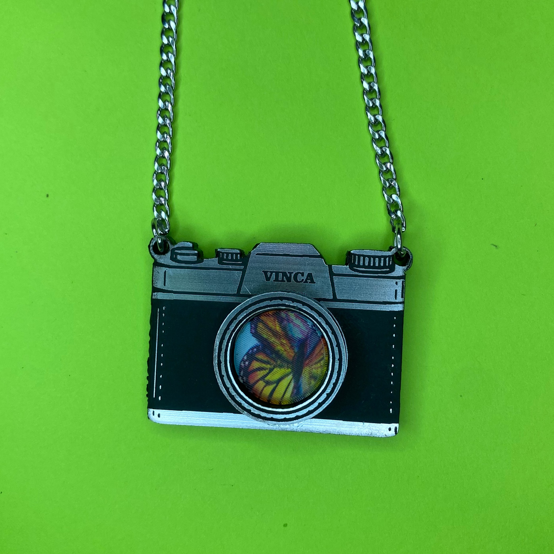 Vintage lenticular butterfly camera necklace