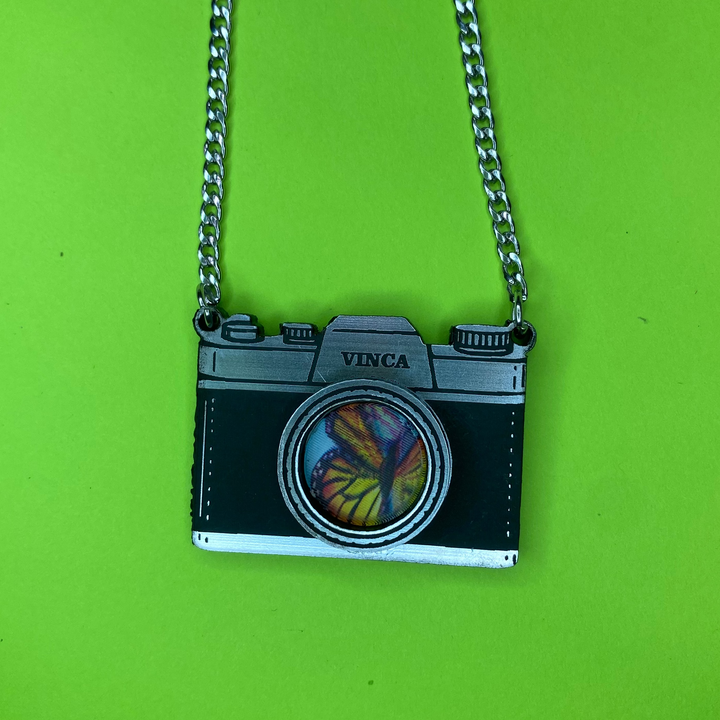 Vintage lenticular butterfly camera necklace