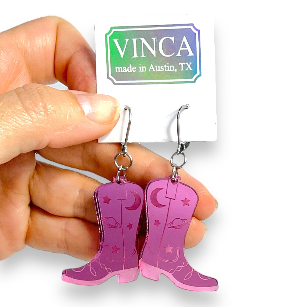 Space Cowboy Boot Earrings - Mirror Pink