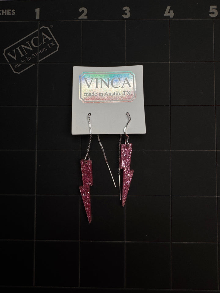 Solid Glitter Pink Lightning Bolt ear threaders samples