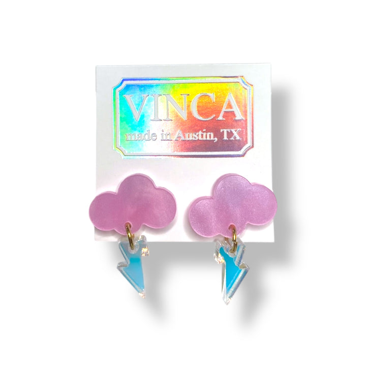 pearl pink cute raincloud earrings with iridescent lightning bolts