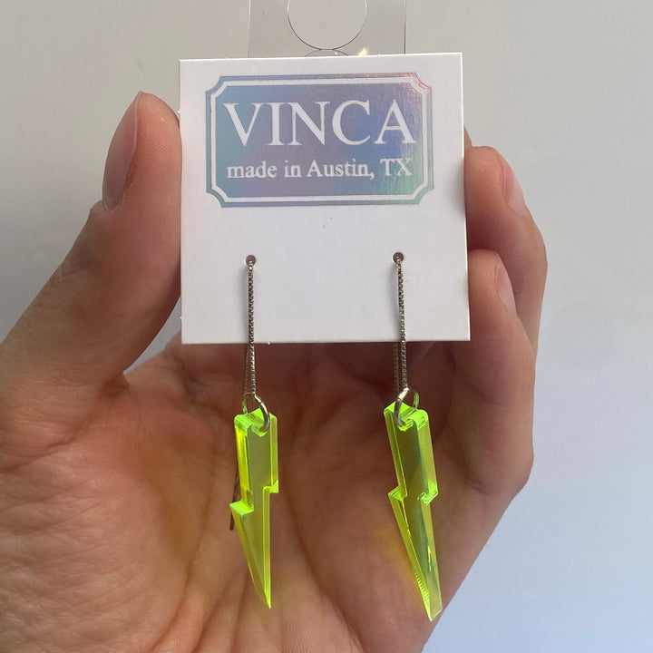B-Grade Transparent Neon Green -Black Light Reactive- Lightning Bolt Ear Threaders (bin A-05-18)