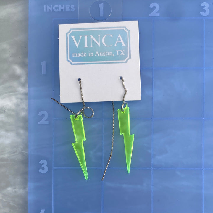 B-Grade Transparent Neon Green -Black Light Reactive- Lightning Bolt Ear Threaders (bin A-05-18)