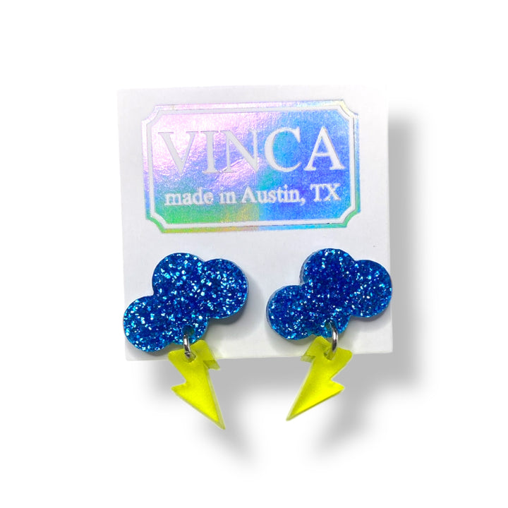 handmade cute glitter blue rain cloud earrings with yellow lightning bolts