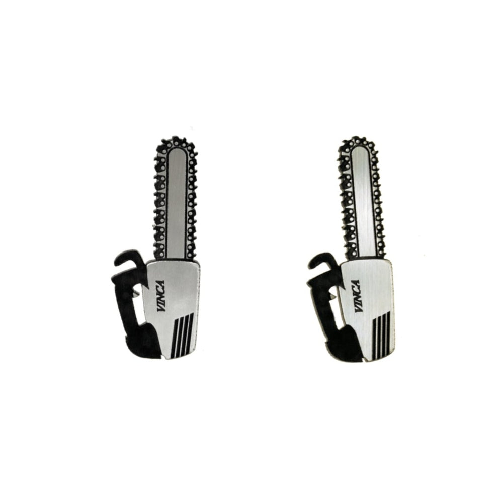 Chainsaw earrings on a white background.