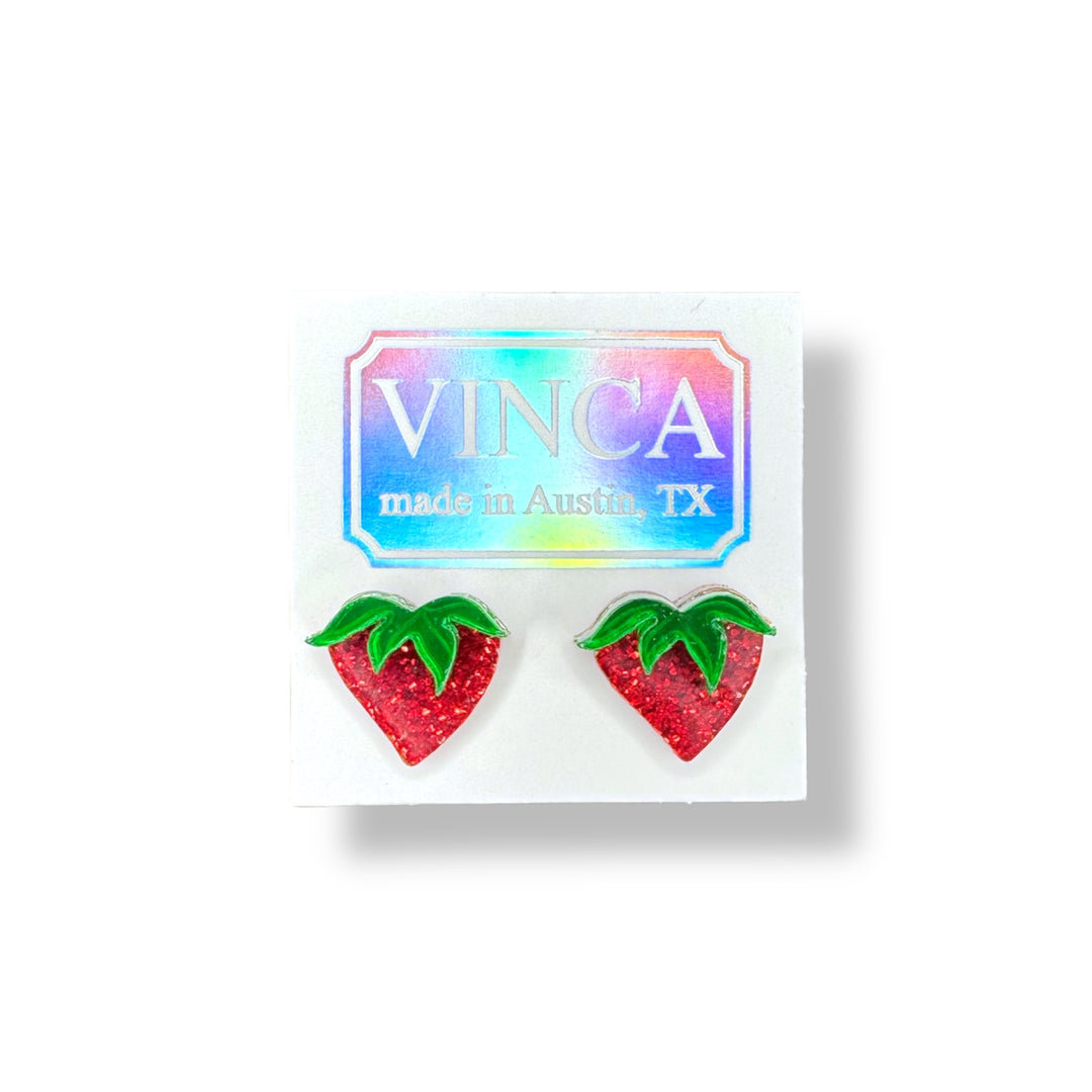 handmade glitter red strawberry earrings on Vinca tag