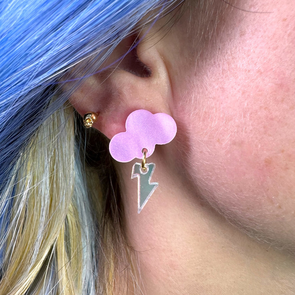 cute quirky pearl pink raincloud earring with iridescent lightning bolt handmade