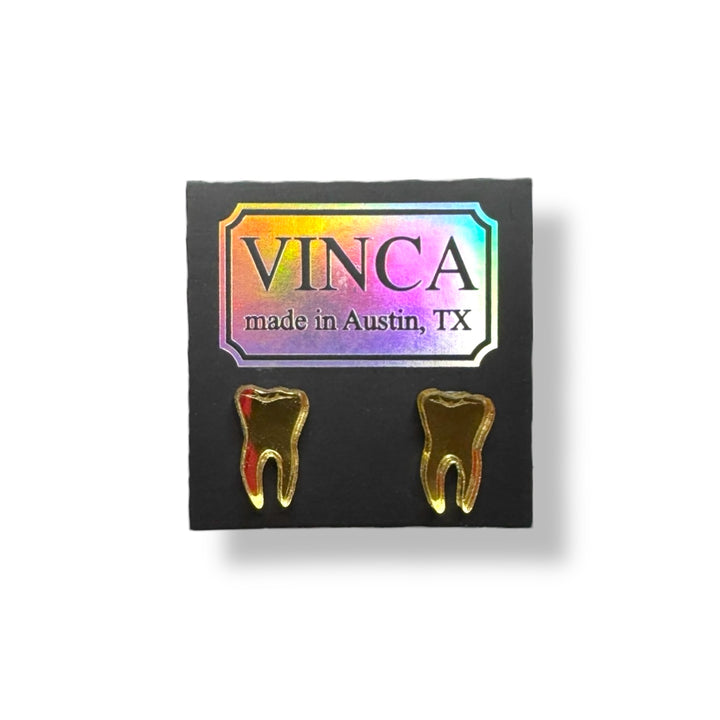 handmade mirror gold teeth earrings on a branded Vinca card