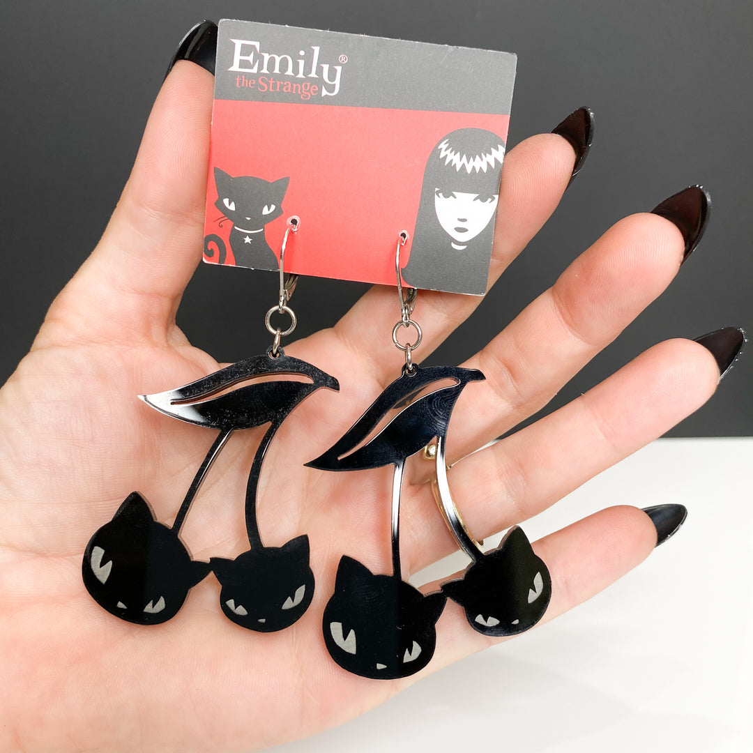 Handmade officially licensed Emily the Strange black cat cherry hook dangle earrings.