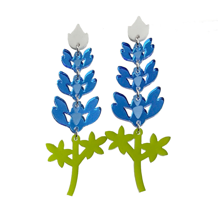 Extra large Texas bluebonnet flower stud earrings on a white background.