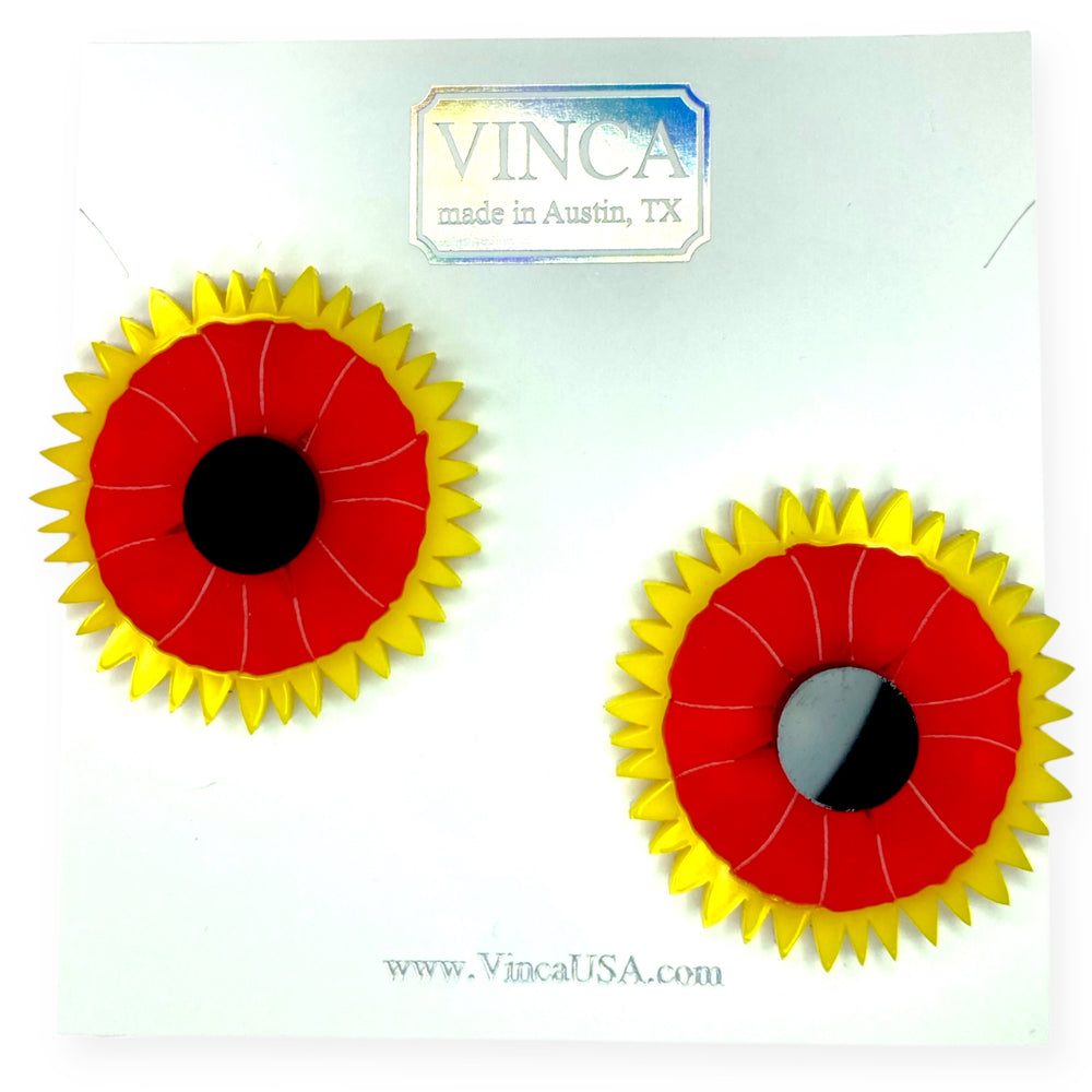 Handmade large Indian Blanket wildflower earrings with red, yellow and black accents.