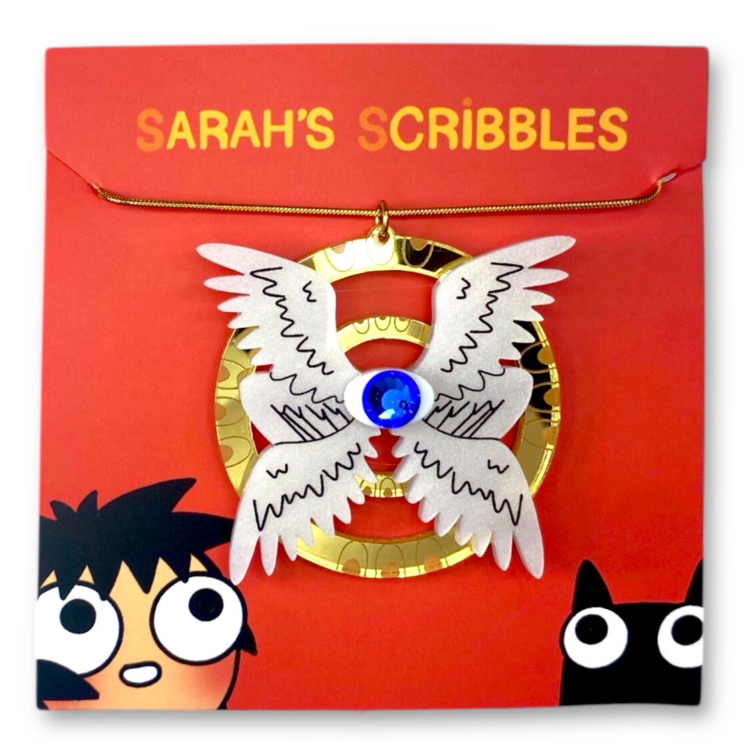 Our handmade Sarah's Scribbles Seraphim angel necklace on a red Sarah's Scribbles branded card.