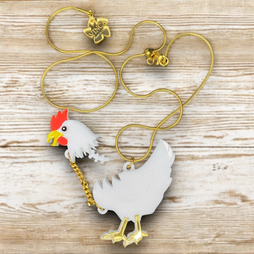 headless handmade chicken necklace with adjustable chain