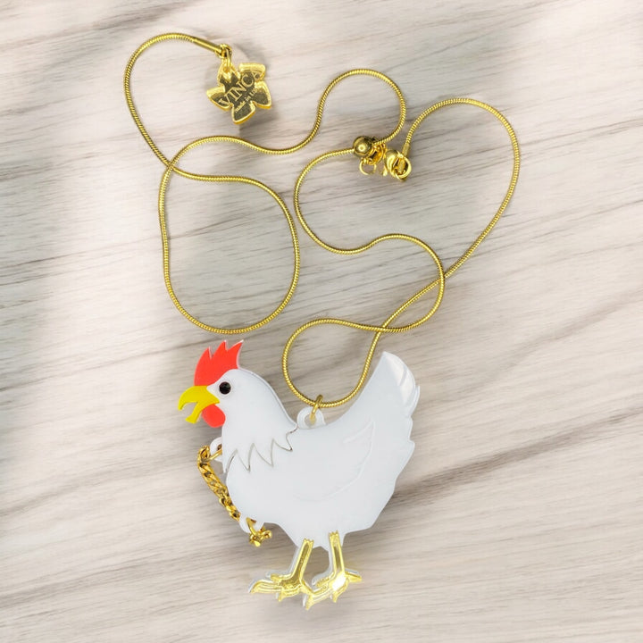 weird headless chicken necklace handmade with gold chain