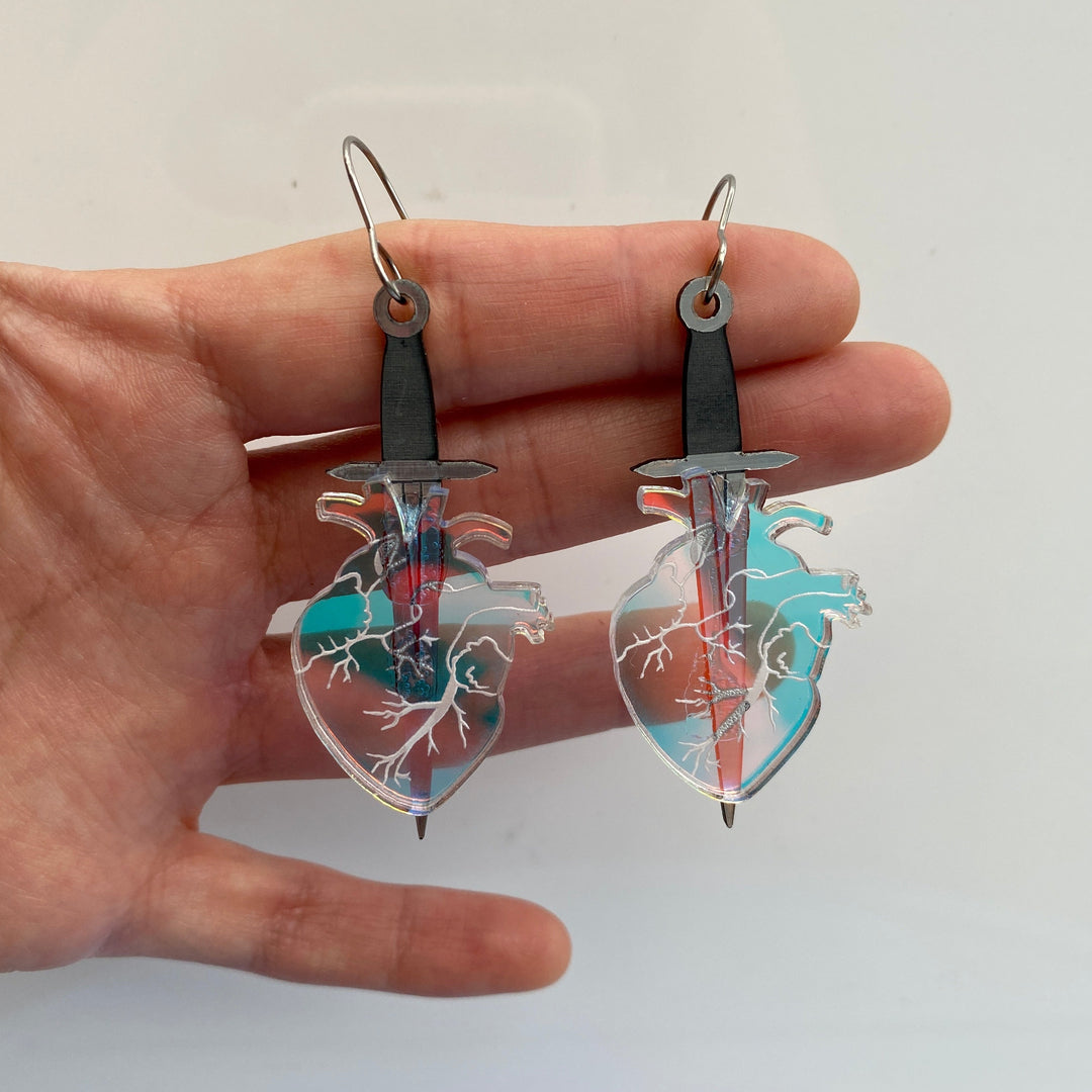 Sample Iridescent Anatomical Heart with Dagger Hook Earrings (bin A-06-07)