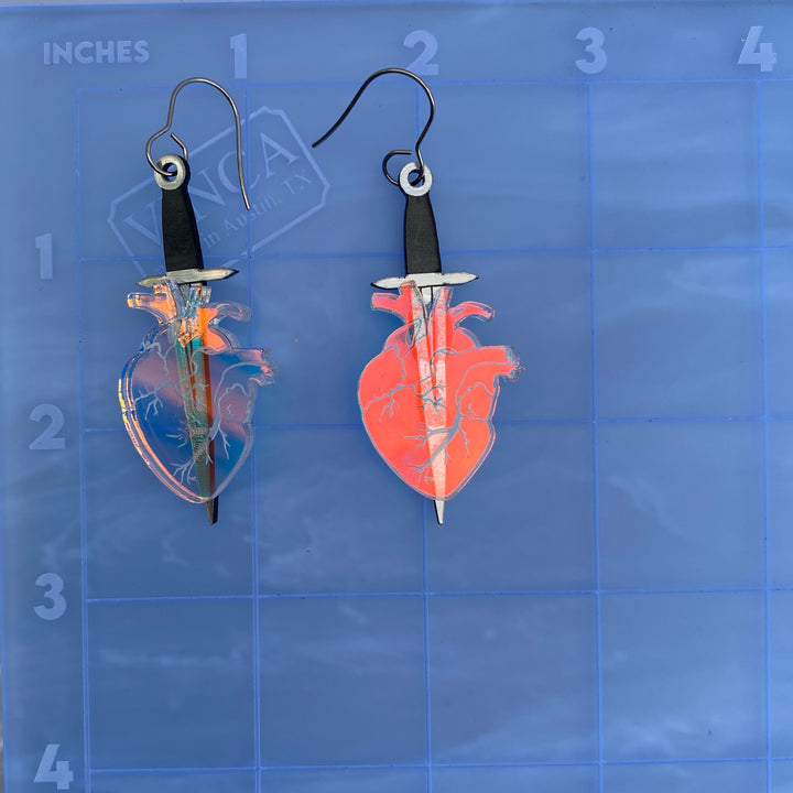 Sample Iridescent Anatomical Heart with Dagger Hook Earrings (bin A-06-07)