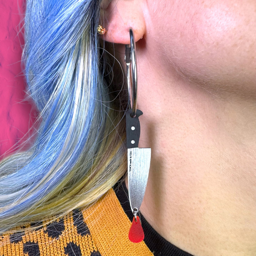 quirky cool horror movie themed handmade earrings with bloody knife drip