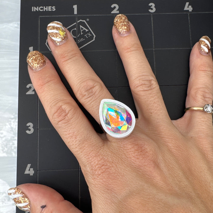 Sample Small White Sorceress Tear Drop Ring with adjustable band (bin A-10-08)