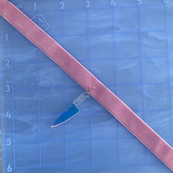 Sample Pink Velvet Choker with Iridescent 2” Chef’s Knife (bin A-06-08)