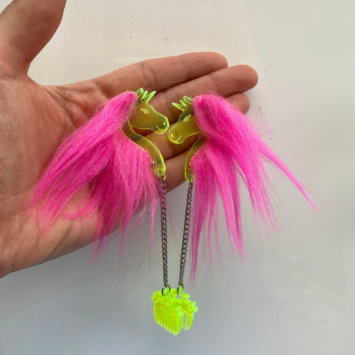Sample -Black Light Reactive- Neon Green Unicorn with Neon Pink Hair and comb dangle earrings (bin A-06-03)