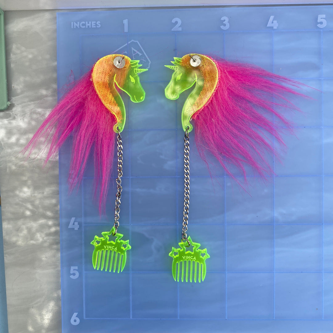 Sample -Black Light Reactive- Neon Green Unicorn with Neon Pink Hair and comb dangle earrings (bin A-06-03)
