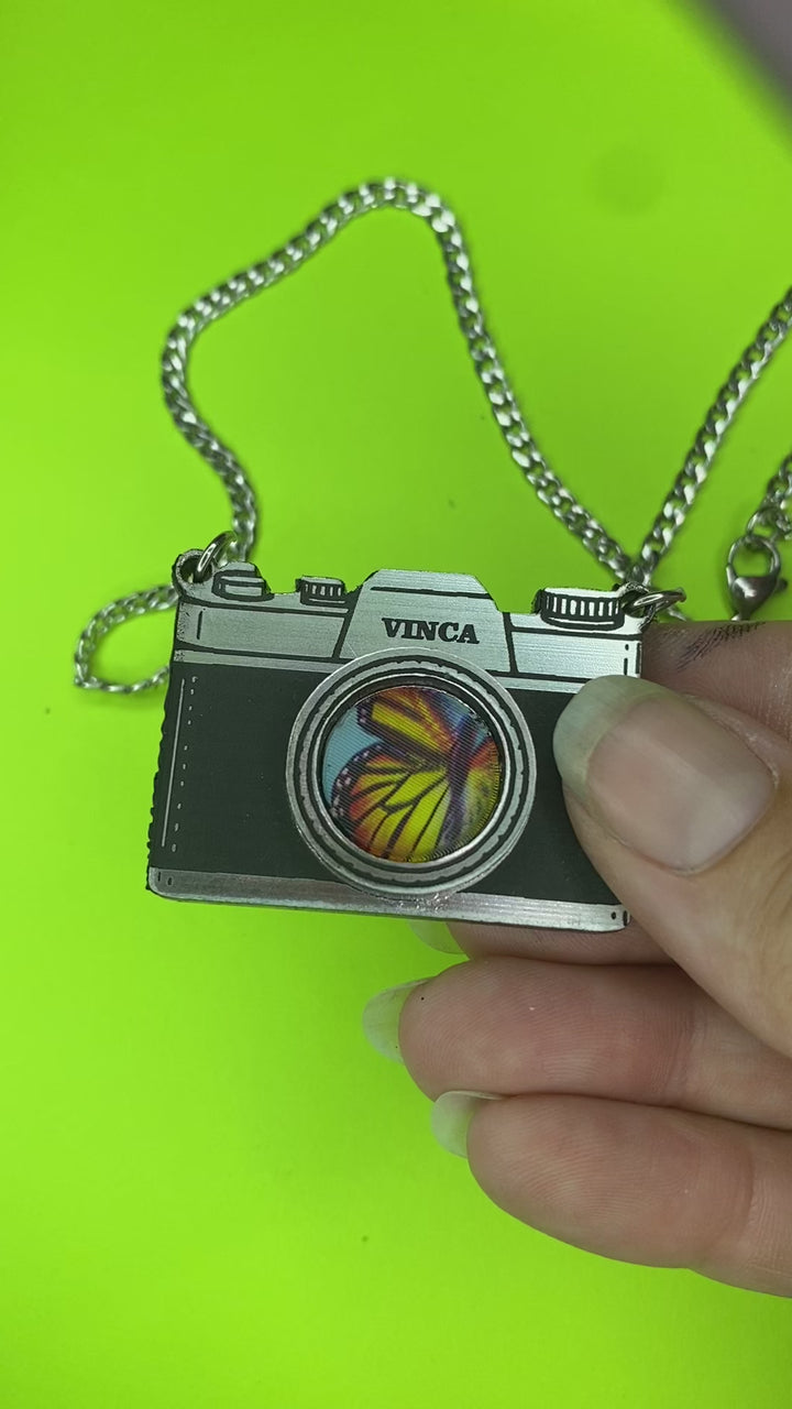 Vintage lenticular butterfly camera necklace