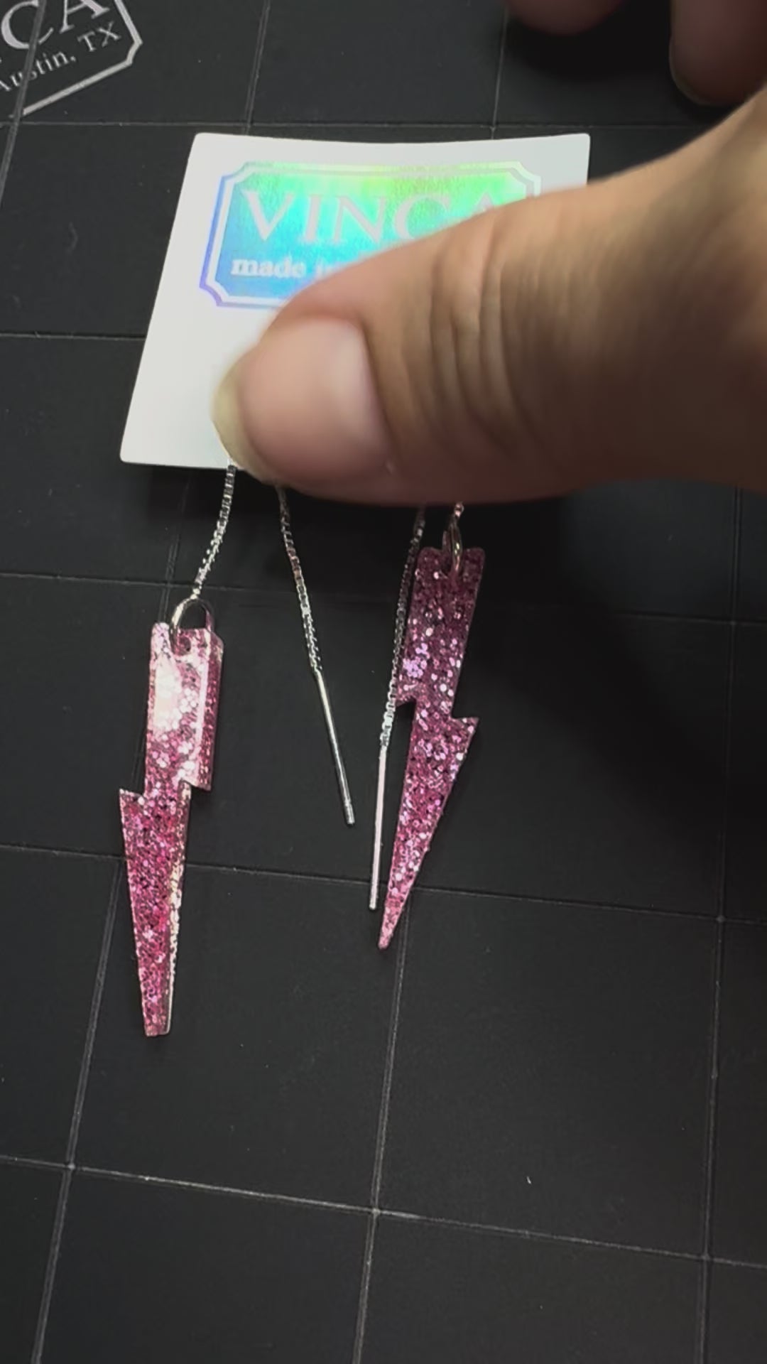 Solid Glitter Pink Lightning Bolt ear threaders samples