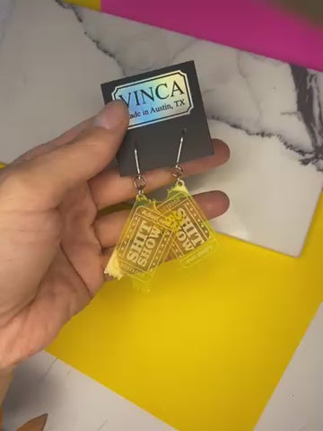 Sample XL Ticket to the Shit Show Dangle Earrings in Transparent Neon Yellow (bin D-1031)