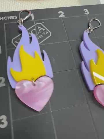 One of a kind flaming heart earrings Lavender