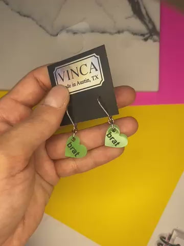 Sample Brat Heart Dangle Earrings in Glow-in-the-Dark Green (D-1032)