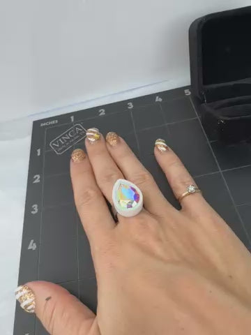 Sample Small White Sorceress Tear Drop Ring with adjustable band (bin A-10-08)
