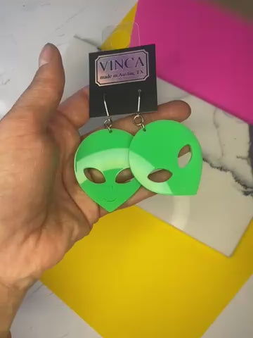 Sample XL Alien Dangle Earrings in Neon Green