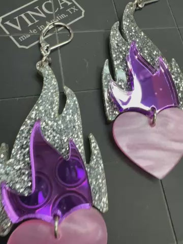 One of a kind flaming heart earrings Silver/purple/pink
