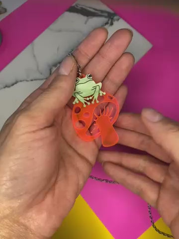 Last Chance Trippy Frog & Pink Mushroom Necklace (bin C-117)