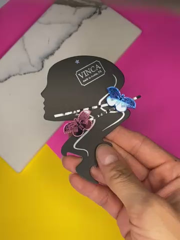 Sample Frida Kahlo-inspired Butterfly set of 2 BIG Mirror Pink & Blue Bobby Pins (bin C-104)