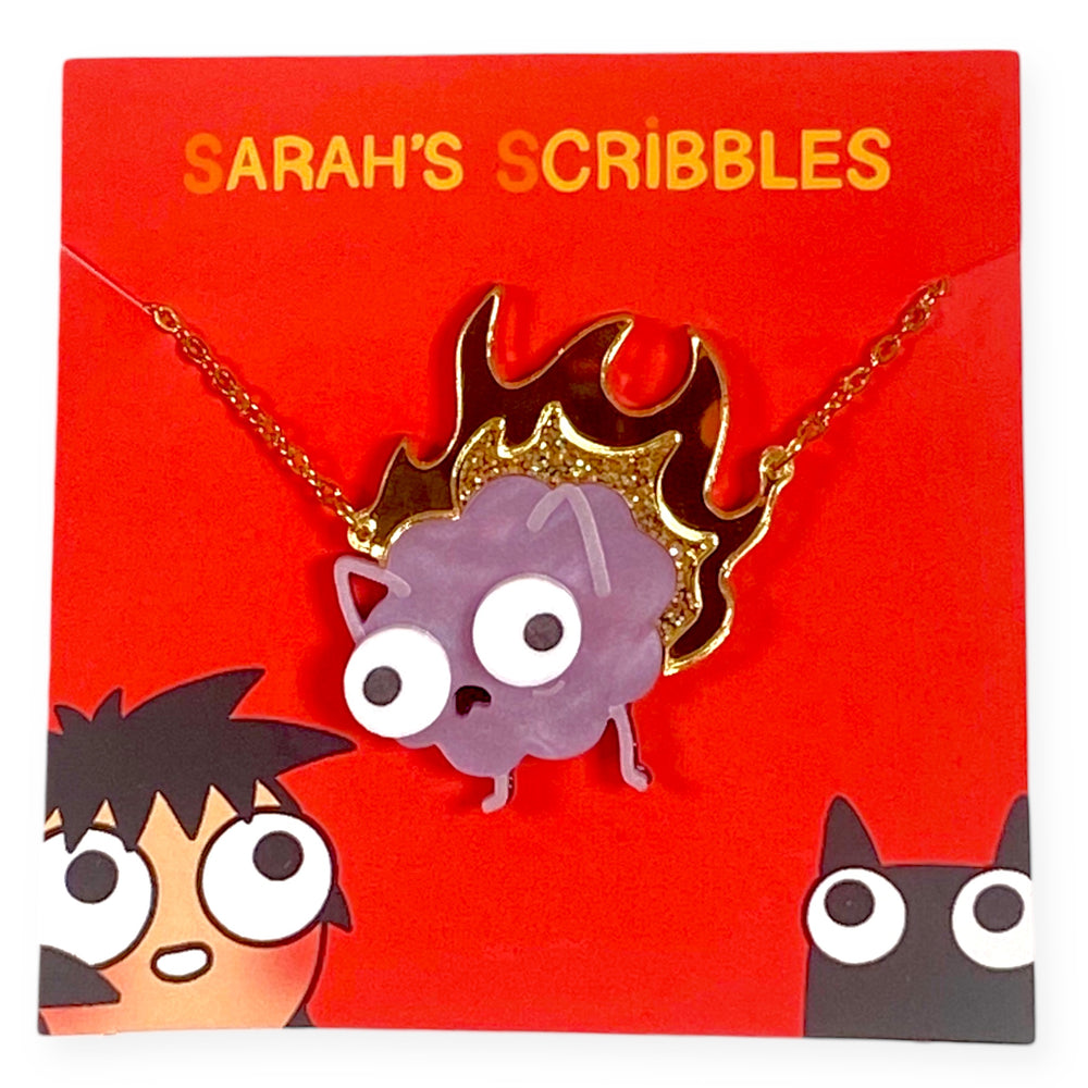 Brain on Fire necklace on a red 'Sarah's Scribbles' branded card.