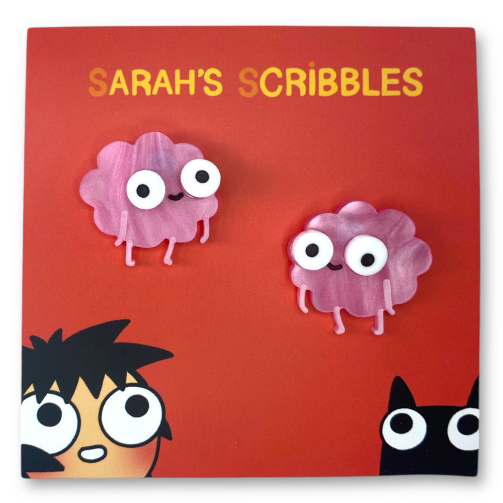 Our Sarah's Scribbles Happy Brain Earrings are shown on a red Sarah's Scribbles branded card.