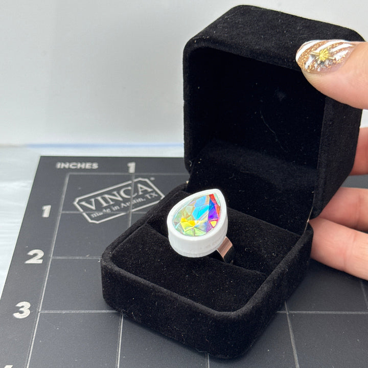 Sample Small White Sorceress Tear Drop Ring with adjustable band (bin A-10-08)