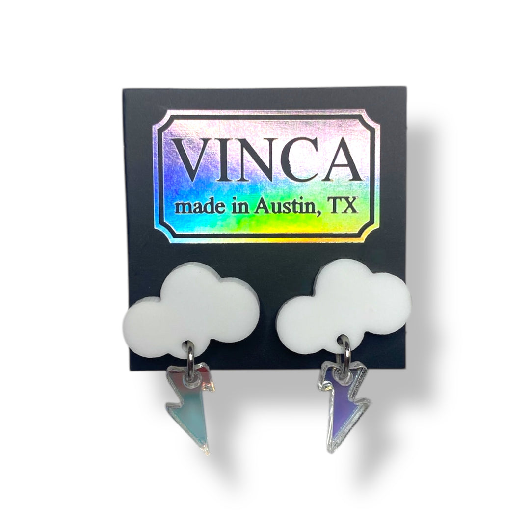 quirky white raincloud earrings with iridescent lightning bolt handmade in USA