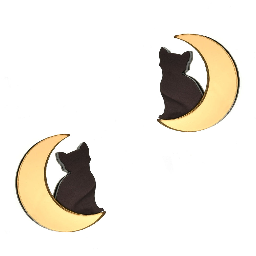 Extra large Cat in Moon earrings on a white background.