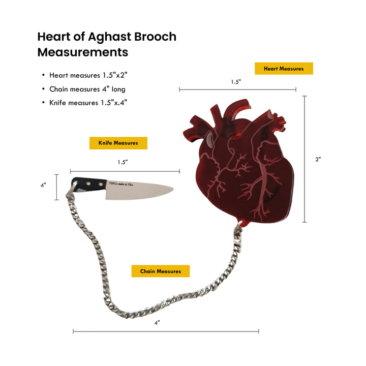 diagram shows measurements of the anatomical knife heart brooch