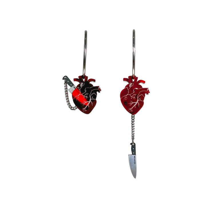 The original chopped anatomical heart hoops in transparent, frosted red with stainless steel hoops and plastic knife charms.