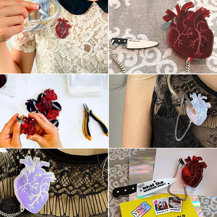 A six pane collage featuring Vinca's anatomical heart brooches.