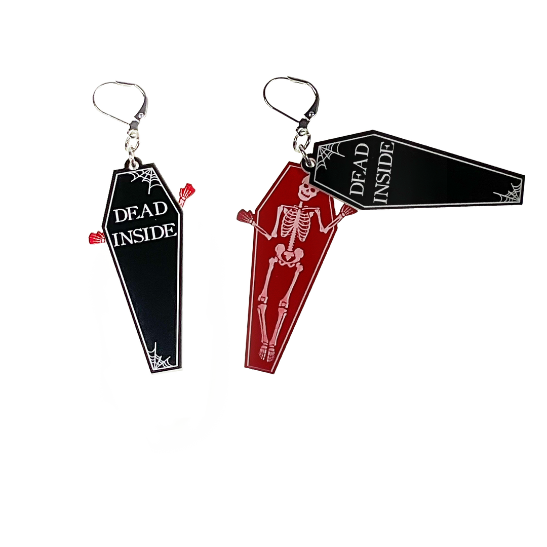 Handmade horror goth Dead Inside Casket earrings in red and black plastic on stainless steel hooks. 