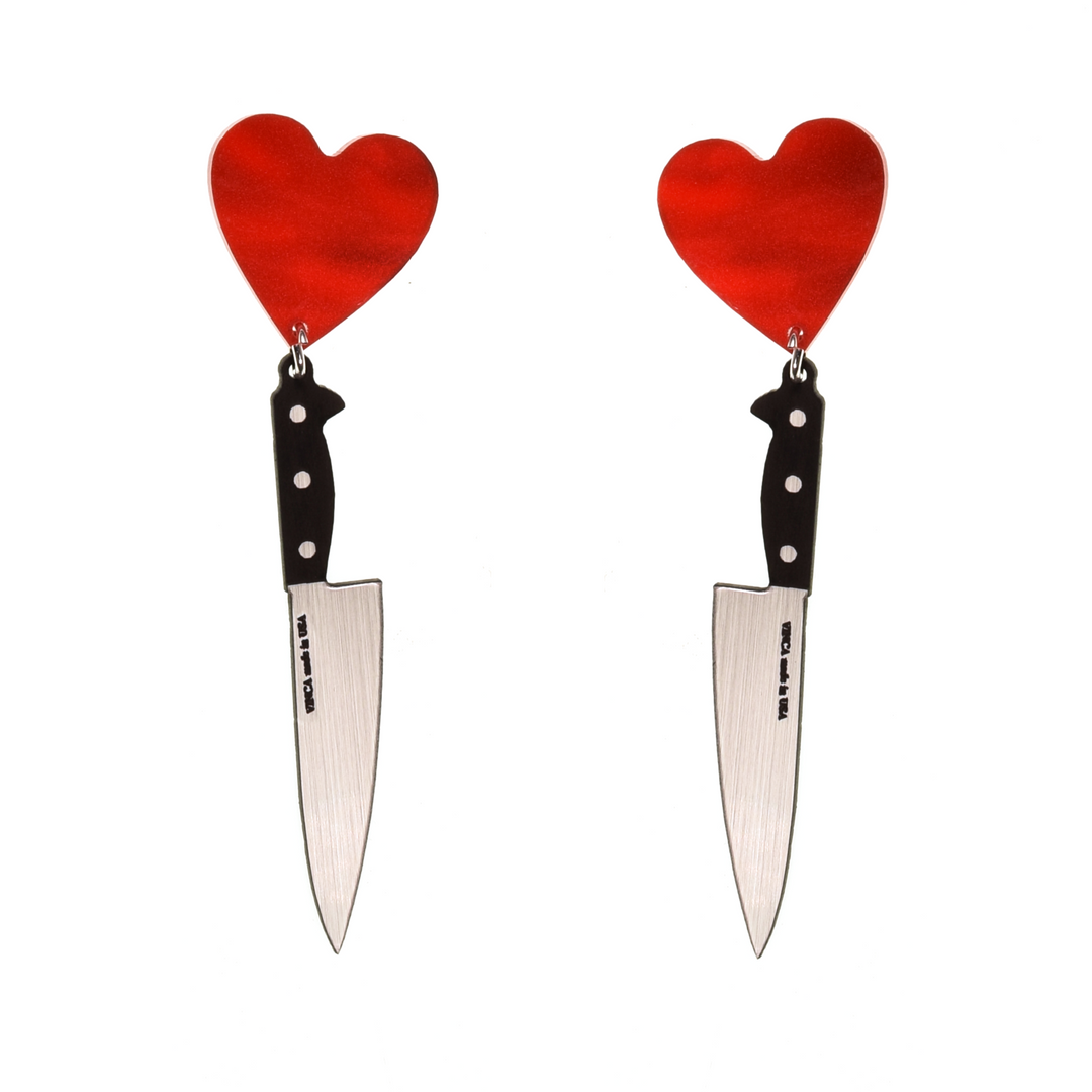 I Heart Knives earrings in sassy red floating on a white background.