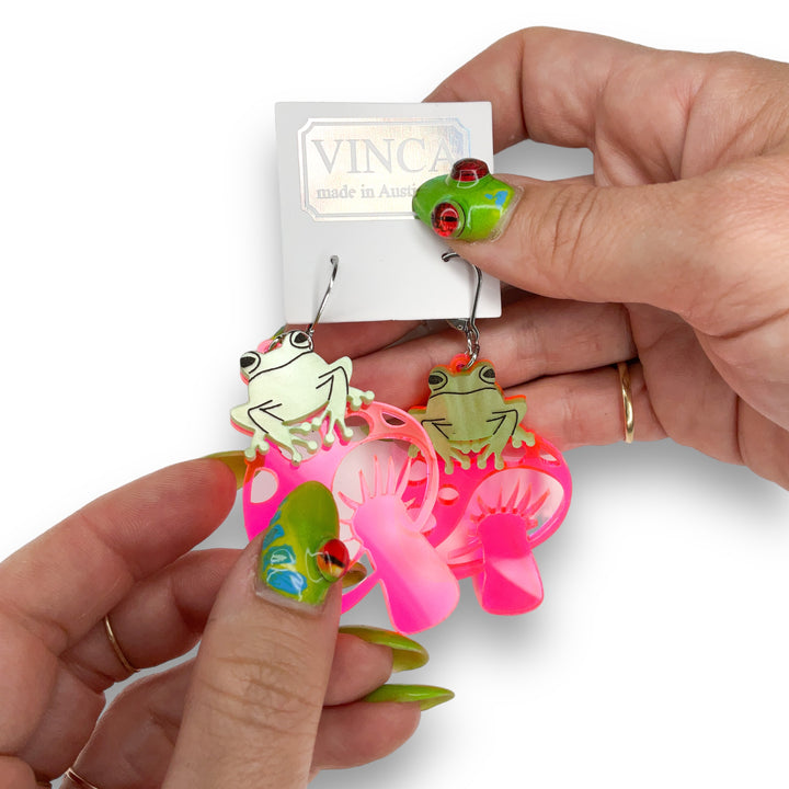 Last Chance! TOAD-ally FUN-gi Dangle Earrings on pink mushrooms