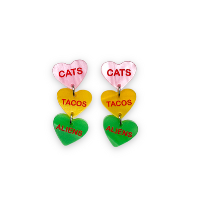 Cats Tacos Aliens Candy Heart Dangle Earrings